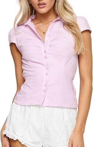 Button Up Shirt Women Button Down Babydoll Top Short Sleeve Fitted Collared V Neck Cropped Teen Tops in Saudi Arabia