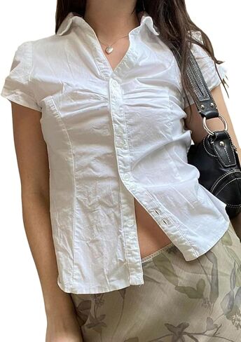 Button Up Shirt Women Button Down Babydoll Top Short Sleeve Fitted Collared V Neck Cropped Teen Tops in Saudi Arabia