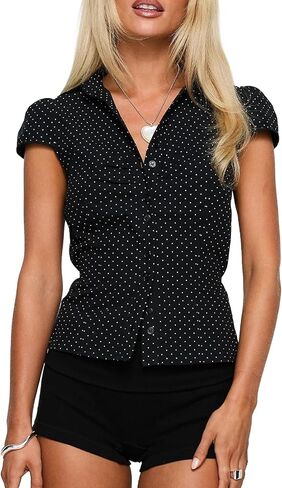 Button Up Shirt Women Button Down Babydoll Top Short Sleeve Fitted Collared V Neck Cropped Teen Tops in Saudi Arabia