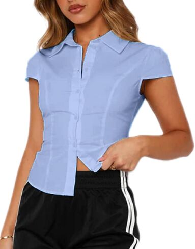 Button Up Shirt Women Button Down Babydoll Top Short Sleeve Fitted Collared V Neck Cropped Teen Tops in Saudi Arabia