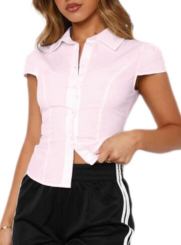 Button Up Shirt Women Button Down Babydoll Top Short Sleeve Fitted Collared V Neck Cropped Teen Tops in Saudi Arabia