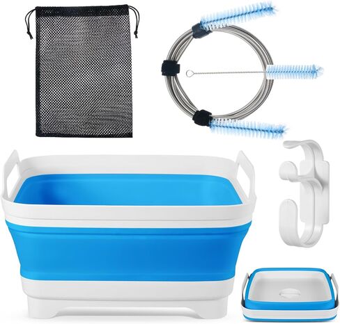 طقم تنظيف جهاز ضغط المجرى الهوائي الإيجابي المستمر (CPAP) مع حوض غسيل قابل للطي (2.4 جالون / 9 لتر)، وفرشاة خرطوم طويلة وفرشاة قناع، وخطاف تجفيف، وحقيبة تخزين شبكية؛ يناسب الأنابيب القياسية مقاس 22 مم والأنابيب الرفيعة مقاس 15 مم (أساسية) in Kuwait