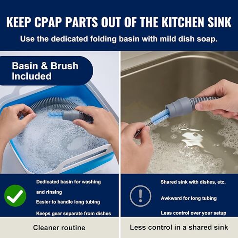طقم تنظيف جهاز ضغط المجرى الهوائي الإيجابي المستمر (CPAP) مع حوض غسيل قابل للطي (2.4 جالون / 9 لتر)، وفرشاة خرطوم طويلة وفرشاة قناع، وخطاف تجفيف، وحقيبة تخزين شبكية؛ يناسب الأنابيب القياسية مقاس 22 مم والأنابيب الرفيعة مقاس 15 مم (أساسية) in Kuwait