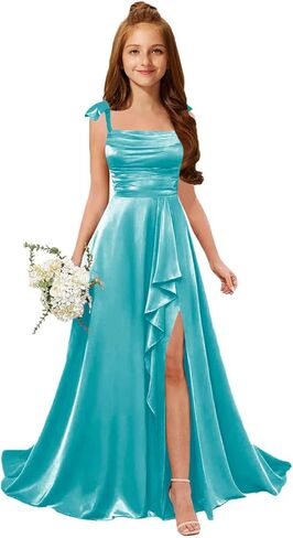 MRHUSH Junior Bridesmaid Dresses for Teen Girls Satin Flower Girl Dress Ruffles Wedding Guest Spaghetti Straps Party Gowns in Kuwait