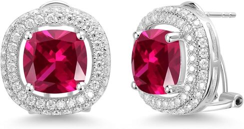 Gem Stone King 11.80 Cttw Red مكون من الياقوت الأبيض والمويسانتي الأبيض أقراط مشبكية للنساء | 925 فضة استرلينية | وسادة 10 ملم in Kuwait