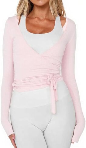 Womens Wrap Tie Top Y2k Long Sleeve Deep V Neck Cross Tie Ballet Workout Yoga Coquette Top in Saudi Arabia
