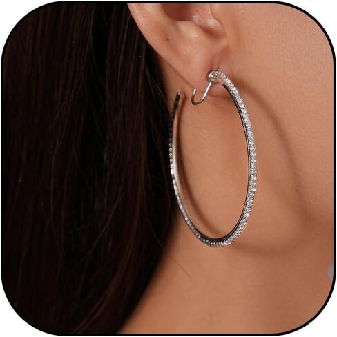 Clip On Hoop Earrings for Women Large Cubic Zirconia Gold Tone Sparkling Pave Non Pierced Statement Jewelry Huggie Style Christmas Outfits Stocking Stuffers in Saudi Arabia
