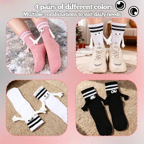 4 Pairs Magnetic Holding Hands Socks Novelty Striped Crew Socks Funny Hand in Hands Sock for Teen, Couples, Friends in Saudi Arabia