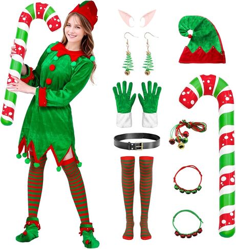 Elf Costume for Women Christmas Deluxe Dress Festival Outfit With Hat and Ears Socks Shoes for Xmas Party Cosplay in Saudi Arabia