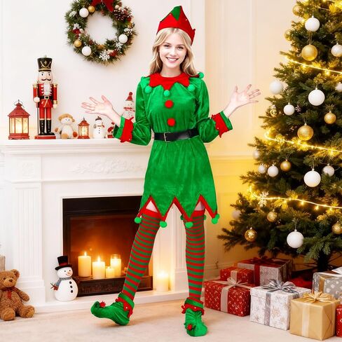 Elf Costume for Women Christmas Deluxe Dress Festival Outfit With Hat and Ears Socks Shoes for Xmas Party Cosplay in Saudi Arabia