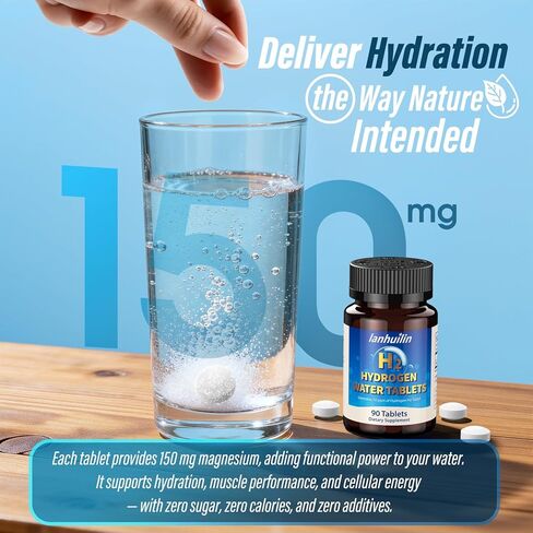 أقراص ماء الهيدروجين مع 150 ملغ من المغنيسيوم، 10 جزء في المليون H2 أقراص هيدروجين لمياه الشرب، غنية بمضادات الأكسدة، تدعم الصحة الخلوية، والتعافي، والوظيفة الإدراكية للمناعة والدماغ (90 وجبة) in Kuwait