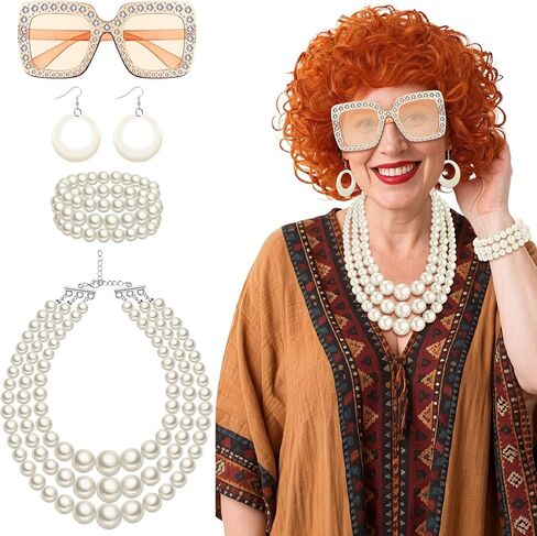 5 Pcs Landlady Costumes Red Orange Short Curly Wig Sunglasses Oversized Jewelry Set for Halloween Party Cosplay in Saudi Arabia