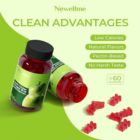 NEWELLME ACV Gummies with The Mother & B12 – Sugar-Free, Great-Tasting Vegan Gummies for Digestion, Metabolism & Daily Energy Support, 60 Count in Saudi Arabia