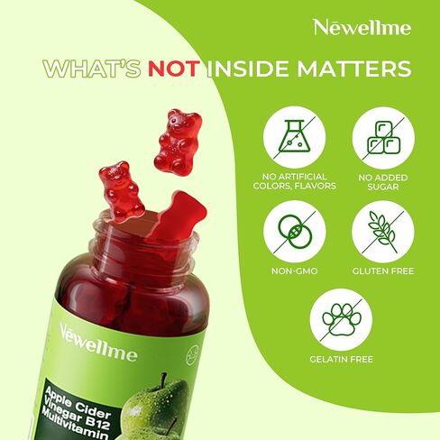 NEWELLME ACV Gummies with The Mother & B12 – Sugar-Free, Great-Tasting Vegan Gummies for Digestion, Metabolism & Daily Energy Support, 60 Count in Saudi Arabia