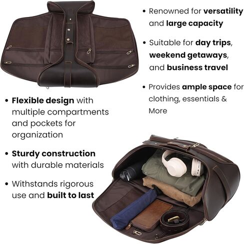 Alex Keith Full Grain Leather Weekender Bag for Men – Convertible Duffel Backpack, Carry-On Overnight Travel Bag - Vintage Dark Brown in Saudi Arabia