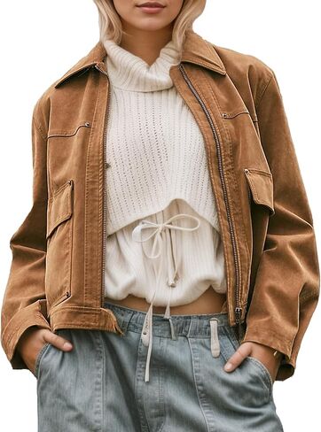 سترة نسائية نباتية من جلد الغزال خفيفة الوزن مقصوصة فضفاضة وطية صدر وأكمام طويلة وسحاب معطف كاجوال للخريف مع جيوب in Kuwait