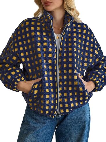 ALSOGO Womens Long Sleeve Checkered Sherpa Jacket Cropped Plaid Fleece Coats Zip Up Casual 2025 Warm Gingham Outwear in Saudi Arabia