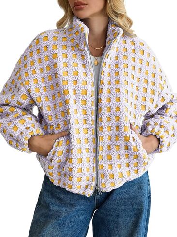 ALSOGO Womens Long Sleeve Checkered Sherpa Jacket Cropped Plaid Fleece Coats Zip Up Casual 2025 Warm Gingham Outwear in Saudi Arabia