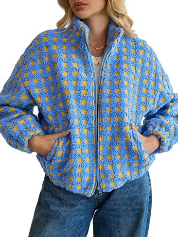 ALSOGO Womens Long Sleeve Checkered Sherpa Jacket Cropped Plaid Fleece Coats Zip Up Casual 2025 Warm Gingham Outwear in Saudi Arabia