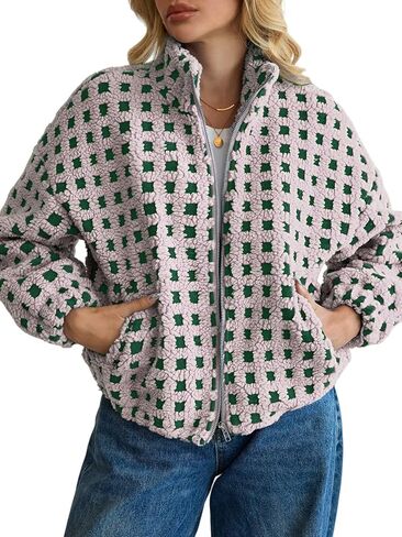 ALSOGO Womens Long Sleeve Checkered Sherpa Jacket Cropped Plaid Fleece Coats Zip Up Casual 2025 Warm Gingham Outwear in Saudi Arabia