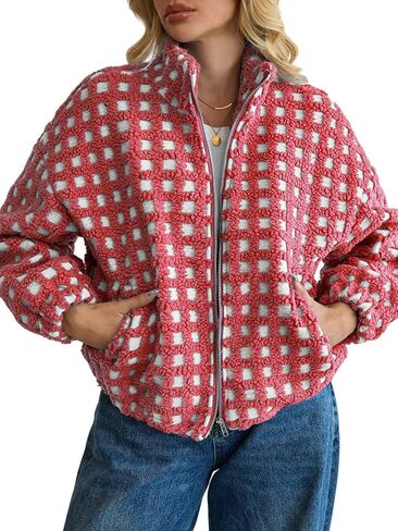 ALSOGO Womens Long Sleeve Checkered Sherpa Jacket Cropped Plaid Fleece Coats Zip Up Casual 2025 Warm Gingham Outwear in Saudi Arabia