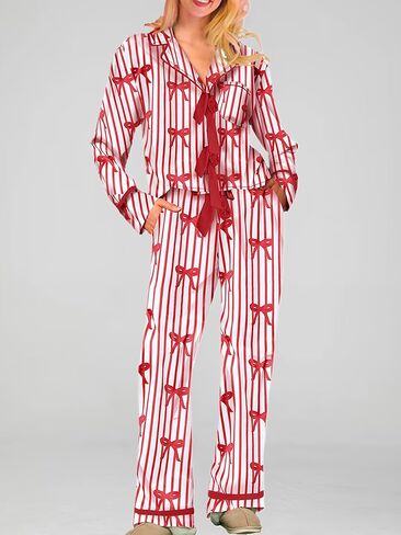 Bow Pajamas Set for Women Cute Bow Tie Long Sleeve Shirt Pants Satin Silk Heart 2 Piece Pjs Set Sleepwear in Saudi Arabia