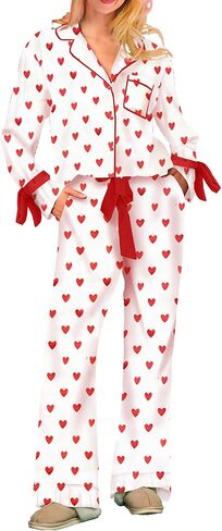 Bow Pajamas Set for Women Cute Bow Tie Long Sleeve Shirt Pants Satin Silk Heart 2 Piece Pjs Set Sleepwear in Saudi Arabia