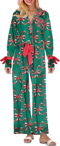 Bow Pajamas Set for Women Cute Bow Tie Long Sleeve Shirt Pants Satin Silk Heart 2 Piece Pjs Set Sleepwear in Saudi Arabia
