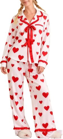Bow Pajamas Set for Women Cute Bow Tie Long Sleeve Shirt Pants Satin Silk Heart 2 Piece Pjs Set Sleepwear in Saudi Arabia