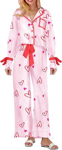 Bow Pajamas Set for Women Cute Bow Tie Long Sleeve Shirt Pants Satin Silk Heart 2 Piece Pjs Set Sleepwear in Saudi Arabia