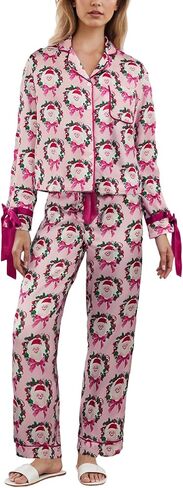 Bow Pajamas Set for Women Cute Bow Tie Long Sleeve Shirt Pants Satin Silk Heart 2 Piece Pjs Set Sleepwear in Saudi Arabia