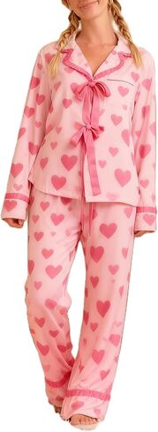 Bow Pajamas Set for Women Cute Bow Tie Long Sleeve Shirt Pants Satin Silk Heart 2 Piece Pjs Set Sleepwear in Saudi Arabia
