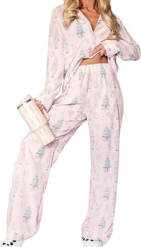 Bow Pajamas Set for Women Cute Bow Tie Long Sleeve Shirt Pants Satin Silk Heart 2 Piece Pjs Set Sleepwear in Saudi Arabia