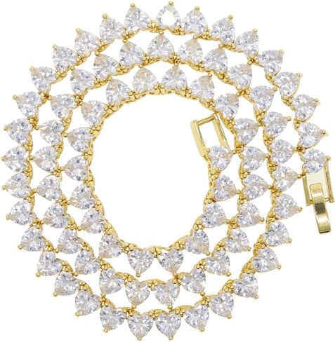 Solid Gold over S925 Sterling Silver Heart-Shaped Moissanite Tennis Chain Necklace, 5mm Unisex Design with Secure Clasp, Romantic Gift for Couples in Kuwait