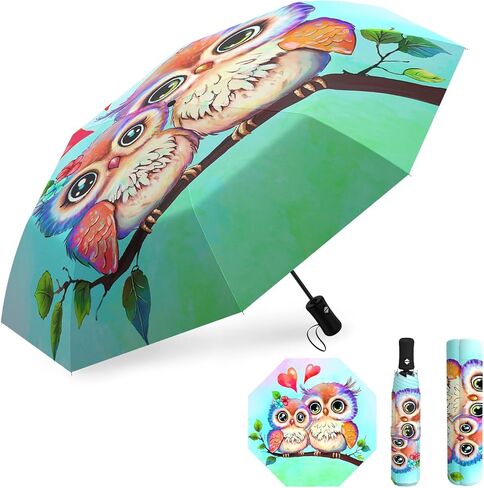 Owl Gifts Portable Bird Owl Umbrella Compact Travel Automatic Folding Inverted Umbrellas for Rain Windproof Umbrellas Open Close Auto Sunshade Parasol Umbrella for Sun UV Protection in Saudi Arabia