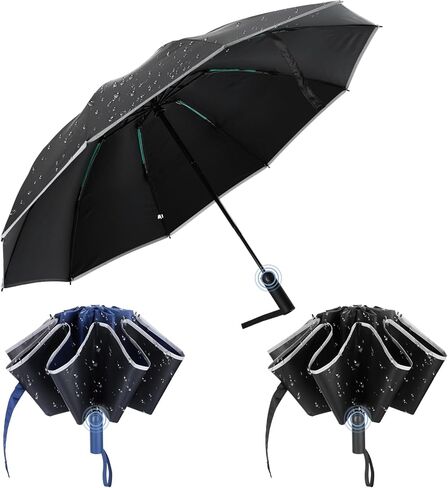 2 Pack Large Windproof Travel Umbrella for Rain & Sun 10 Ribs 42" Inverted Compact Automatic Folding Umbrella Reverse with Reflective Stripe for Women Men Backpack Car Tote with Cover Bag in Saudi Arabia