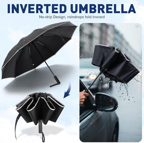 2 Pack Large Windproof Travel Umbrella for Rain & Sun 10 Ribs 42" Inverted Compact Automatic Folding Umbrella Reverse with Reflective Stripe for Women Men Backpack Car Tote with Cover Bag in Saudi Arabia