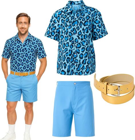 3 Pcs Halloween Men Costume Set Blue Tropical Shirt and Shorts with Gold Roller Buckle Belt for Movie Party in Saudi Arabia