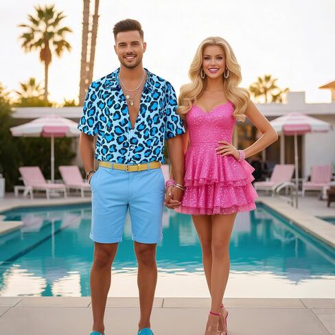 3 Pcs Halloween Men Costume Set Blue Tropical Shirt and Shorts with Gold Roller Buckle Belt for Movie Party in Saudi Arabia
