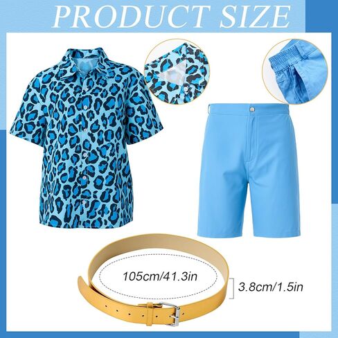3 Pcs Halloween Men Costume Set Blue Tropical Shirt and Shorts with Gold Roller Buckle Belt for Movie Party in Saudi Arabia