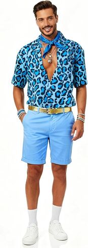 3 Pcs Halloween Men Costume Set Blue Tropical Shirt and Shorts with Gold Roller Buckle Belt for Movie Party in Saudi Arabia
