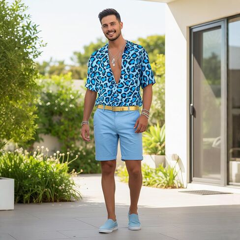 3 Pcs Halloween Men Costume Set Blue Tropical Shirt and Shorts with Gold Roller Buckle Belt for Movie Party in Saudi Arabia