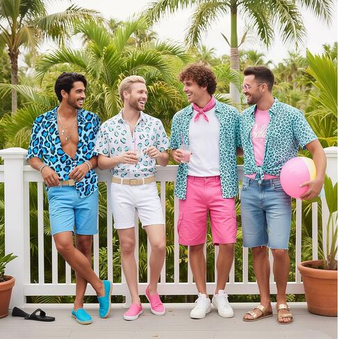 3 Pcs Halloween Men Costume Set Blue Tropical Shirt and Shorts with Gold Roller Buckle Belt for Movie Party in Saudi Arabia