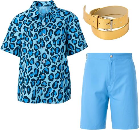 3 Pcs Halloween Men Costume Set Blue Tropical Shirt and Shorts with Gold Roller Buckle Belt for Movie Party in Saudi Arabia