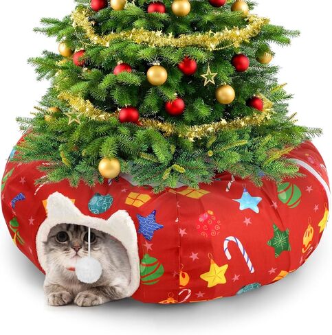 2.62ft x 2.62ft x 10.24in Christmas Cat Tunnel Bed Under Christmas Tree for Indoor Cat, Xmas Red Cute Cat Donut Tunnel with Washable Circle Cushion, Foldable Round Pet Tunnel Toy for Kitten in Kuwait