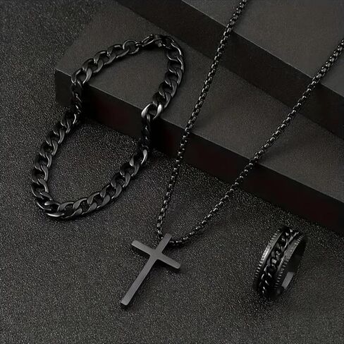 Alloy Cross Necklace Bracelet Ring Set of Three, Cross Pendant, Fashion Accessories, Suitable for Everyday Wear and Match in Saudi Arabia