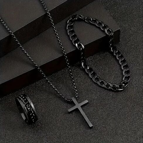 Alloy Cross Necklace Bracelet Ring Set of Three, Cross Pendant, Fashion Accessories, Suitable for Everyday Wear and Match in Saudi Arabia