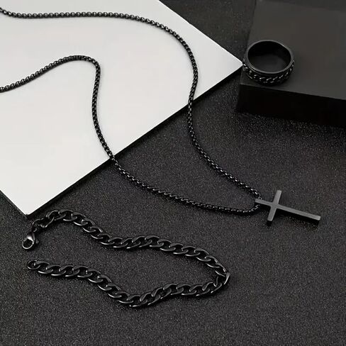 Alloy Cross Necklace Bracelet Ring Set of Three, Cross Pendant, Fashion Accessories, Suitable for Everyday Wear and Match in Saudi Arabia