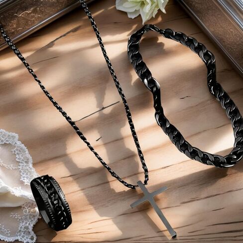 Alloy Cross Necklace Bracelet Ring Set of Three, Cross Pendant, Fashion Accessories, Suitable for Everyday Wear and Match in Saudi Arabia