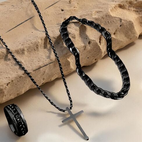 Alloy Cross Necklace Bracelet Ring Set of Three, Cross Pendant, Fashion Accessories, Suitable for Everyday Wear and Match in Saudi Arabia